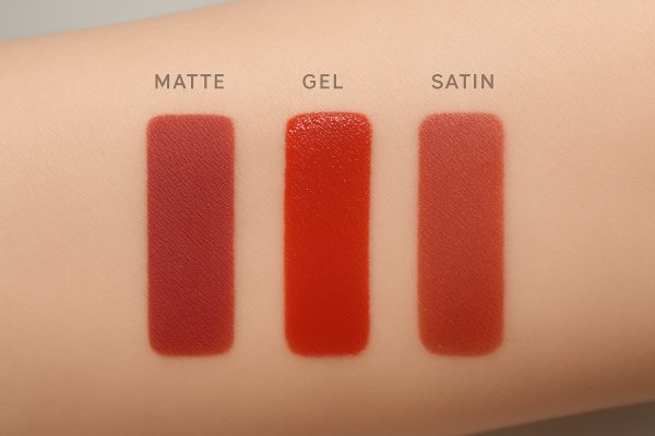 Matte, gel, and satin lip liner swatches side by side on a model\u2019s inner forearm, showing texture differences.