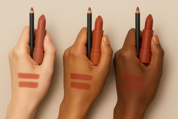 Three hands, each with a different skin tone, hold matching lip liner and lipstick with swatches visible.