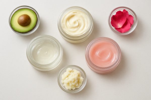 Overhead flat lay of lip mask jars with different textures and natural ingredients.