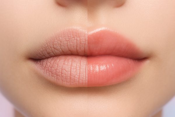 Split macro image of lips before and after lip mask: dry vs. hydrated.