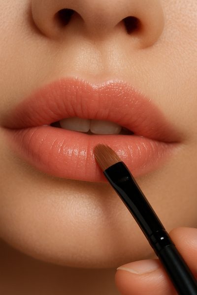 Macro view of hydrated lips, angled brush blending peachy-pink lip stain for a dewy effect.