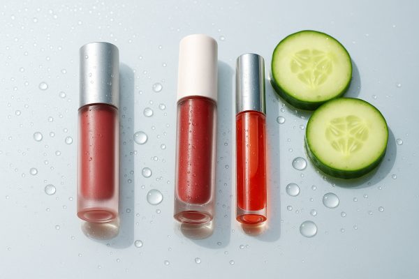 Serum, mousse, and oil-based lip stains on dewy mirrored surface with cucumber slices.