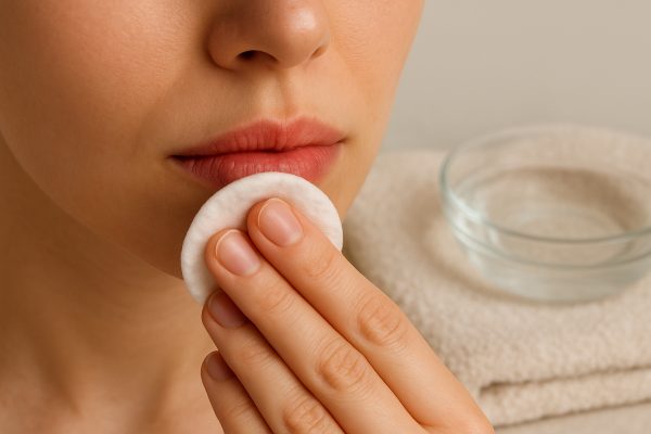 Hands with cotton pad gently cleansing stained lips, glass dish and towel in soft focus.
