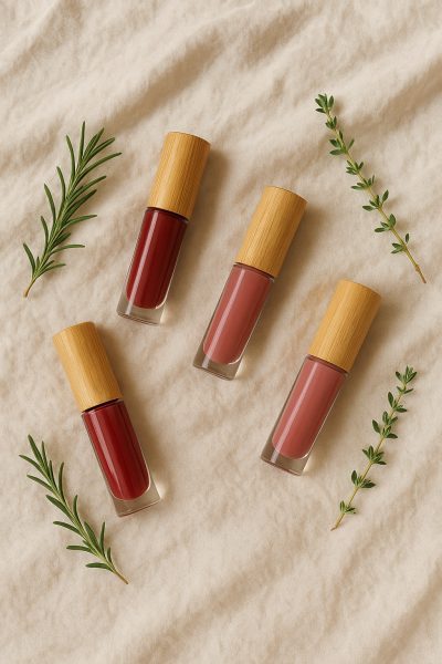 Glass and bamboo lip stain packaging on cotton fabric with herb sprigs, minimalist style.