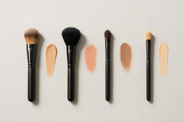 Neatly arranged makeup brushes for different products with matching swatches on pale grey stone.
