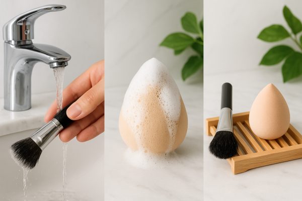 Washing and drying makeup brushes and sponges shown step by step on marble with a plant accent.