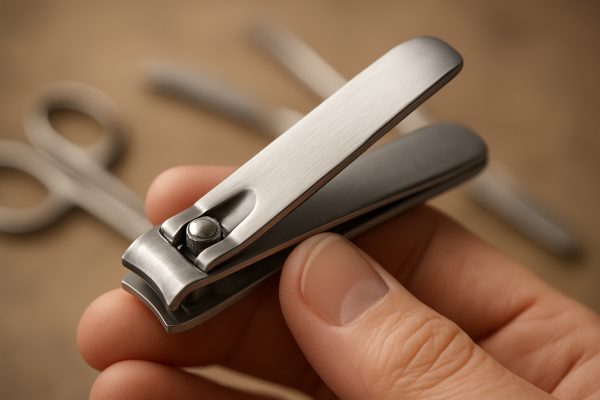 A hand holding a stainless steel nail clipper, showing the ergonomic grip and metal texture, with softly blurred tools in the background.