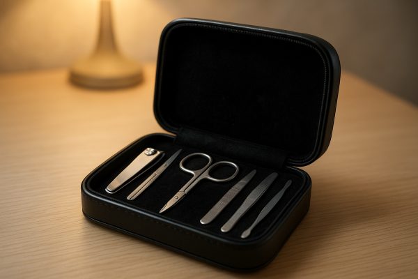 An open black leather manicure case on a wooden vanity, tools organized in velvet-lined slots, softly lit.