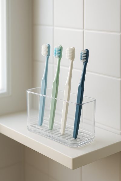 Manual toothbrushes upright in a transparent ventilated holder on a bathroom shelf for hygienic storage.