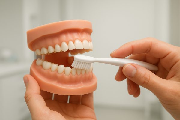 Hand demonstrating proper manual toothbrush technique on a dental model for enamel protection.