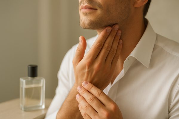 Man\u2019s hands applying aftershave balm to his neck, with cologne bottle and shaving brush softly blurred behind.
