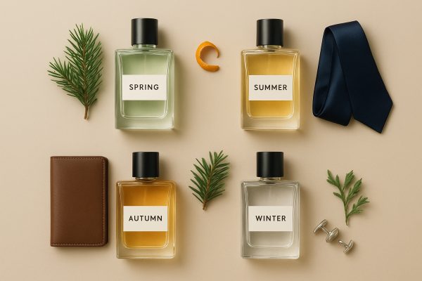 Flat lay of men\u2019s cologne bottles with season or event cards, silk tie, wallet, cufflink, and botanical accents.