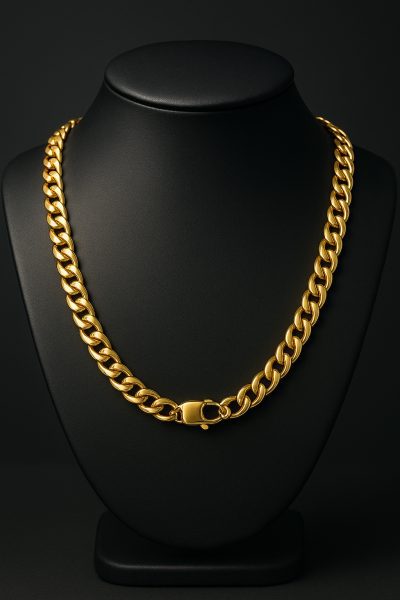 A men's gold chain draped on a black display bust, showcasing length, 18k karat stamp, and lobster clasp in sharp detail.