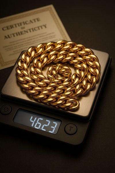 A thick men's gold chain coiled on a digital scale, with a gold certificate partially visible for authenticity.