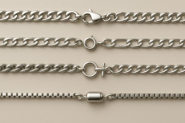 Parallel macro view of four men's silver chain types and their clasps on a neutral background.