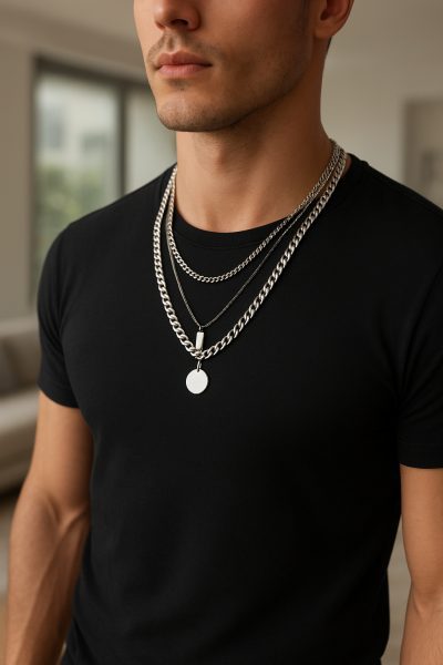 Male model in a fitted shirt wearing layered silver necklaces with pendants, modern blurred background.