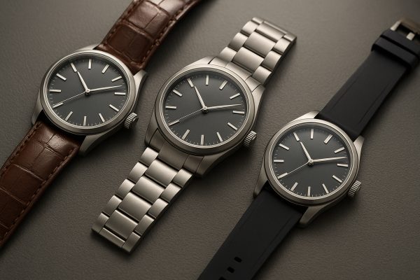 Men's watches with crocodile leather, titanium bracelet, and silicone strap arranged on a leather mat, highlighting comfort and material diversity.