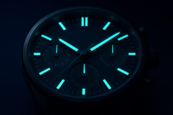Close-up of an analog men's watch dial with bold 3D indices and glowing blue-green lume in a dark navy background, emphasizing innovation and visibility.