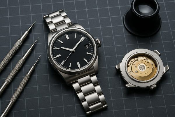 Automatic men's wristwatch on a watchmaker's mat with servicing tools, open movement visible, highlighting care and longevity.
