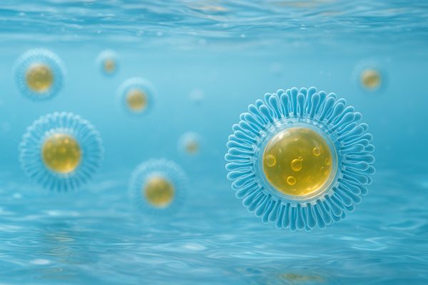 Microscopic rendering of micelles with surfactant molecules surrounding oil droplets, suspended in clear blue water.