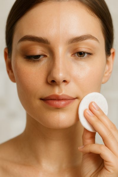 Split-face portrait: one side with makeup, other side clean after micellar cleansing, cotton pad mid-wipe.