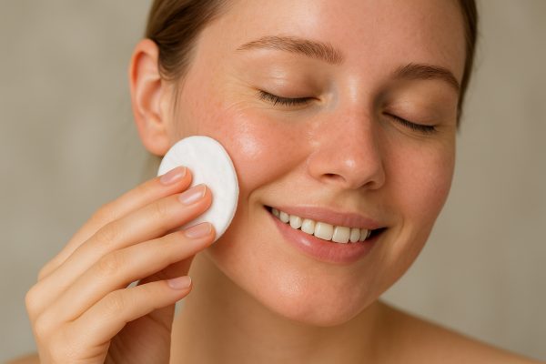 Gentle close-up of a person with calm, sensitive skin cleansing with a cotton pad and micellar water.