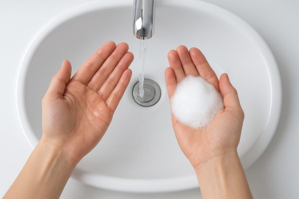 Overhead view of two hands: one with clear micellar water, one with frothy cleanser, above a bright white sink.