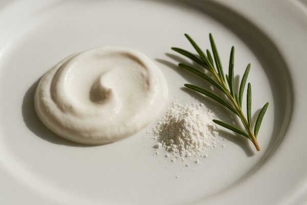 Macro view of mineral sunscreen with zinc oxide and rosemary.