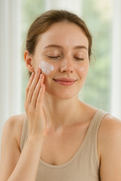 Portrait of woman with sensitive skin applying mineral sunscreen.