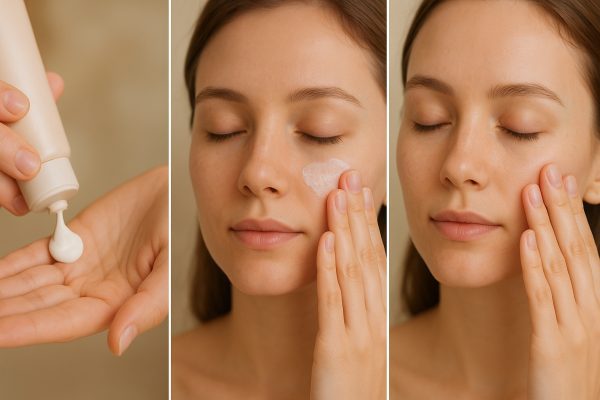 Step-by-step mineral sunscreen application on face.