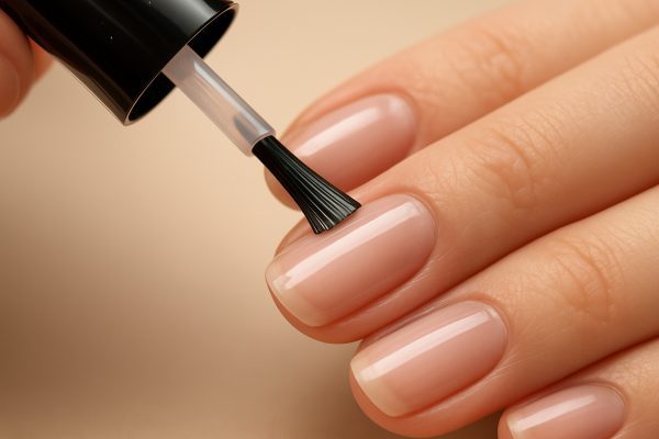Ultra-close shot of a base coat being applied to healthy nails.