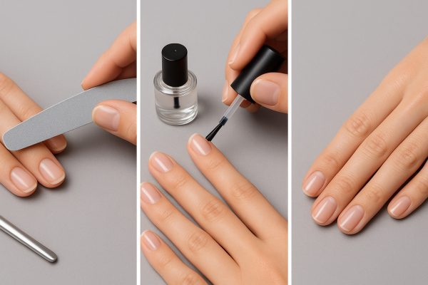 Triptych of nail prep, base coat application, and drying.