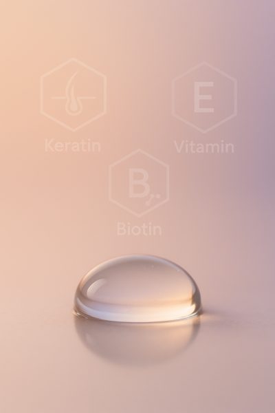 Macro droplet of clear base coat with ingredient symbols in soft focus.