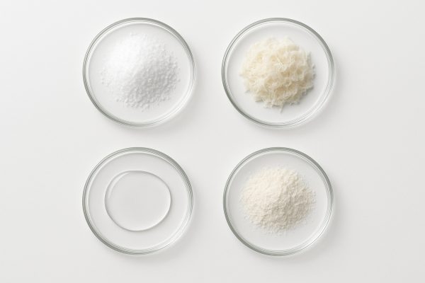 Petri dishes with nail-strengthening ingredients on a lab-white surface.