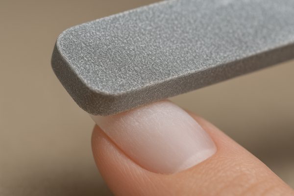 Macro of acrylic nail buffer in use, showing even wear and robust construction against an artificial nail tip.