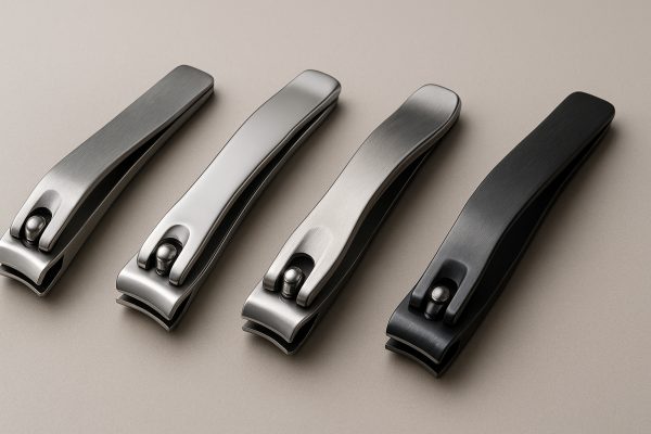 Multiple modern nail clippers aligned on a matte surface, highlighting advanced handle and jaw designs.