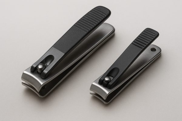 Fingernail and toenail clippers, partially open, side by side showing blade and grip differences.