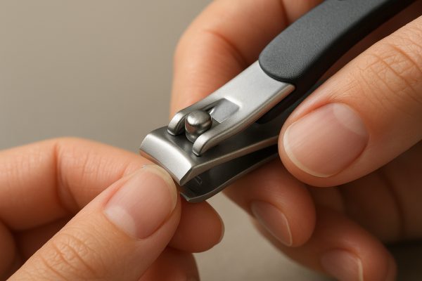 Macro photo of a nail clipper cutting a fingernail, focusing on blade sharpness and handle comfort.
