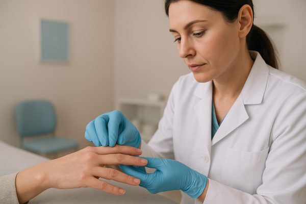Gloved dermatologist examining nail and skin for sensitivity after dehydrator use, in a clean clinical setting.