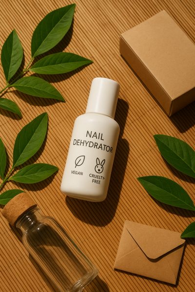 Eco-friendly nail dehydrator bottles with vegan labels, green leaves, glass water bottle, and recycled packaging on bamboo.