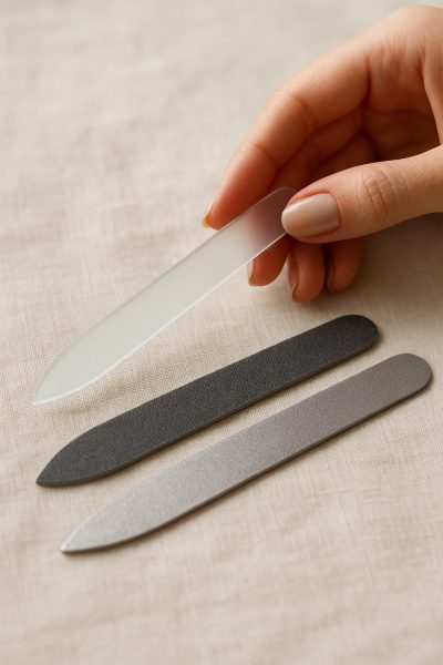 Close-up of glass, emery, and metal nail files on beige linen, hand lifting a glass file.