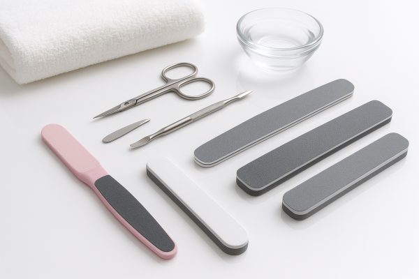 Glossy white table with neatly arranged nail files, buffers, blocks, and manicure tools.