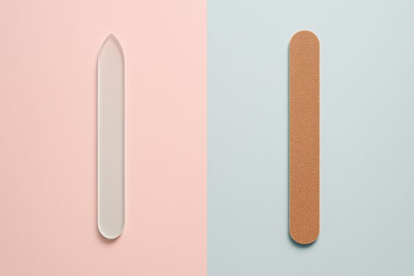 Glass nail file and emery board each centered on a split pastel background for material comparison.