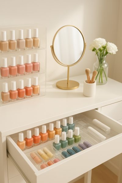 Acrylic shelves and drawer with color-organized nail polish in a sunlit modern vanity.