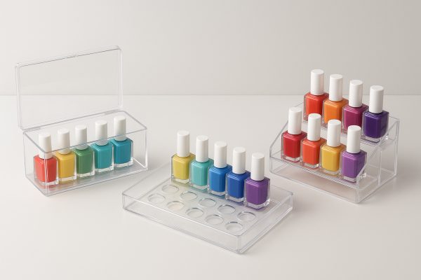 Acrylic box, tray, and rack organizers with neatly arranged nail polish bottles on a white tabletop.