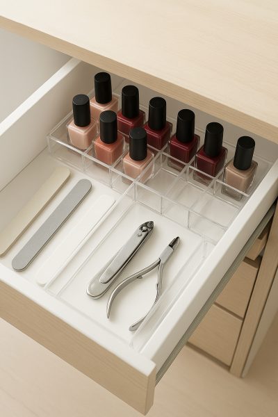 Open drawer with acrylic inserts neatly holding nail polishes and manicure tools.