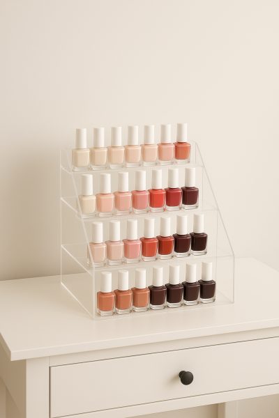 Multi-tiered acrylic display case on a minimalist vanity with color-arranged nail polish bottles.