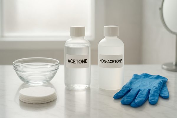 Acetone and non-acetone removers, cotton pads, gloves, and a glass bowl arranged on a marble countertop with soft bathroom light.