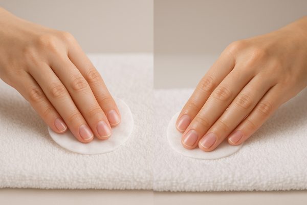Close-up split view of two hands using acetone and non-acetone removers on a white towel, showing subtle differences in nails and skin.