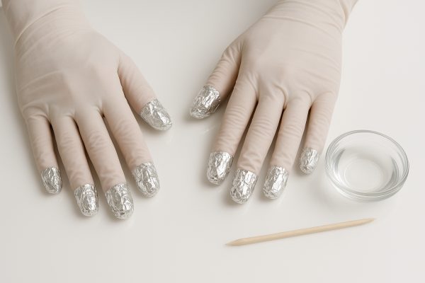Hands with foil wraps, gloves, a cuticle stick, and glass remover dish on a shiny white workspace, emphasizing hygiene.